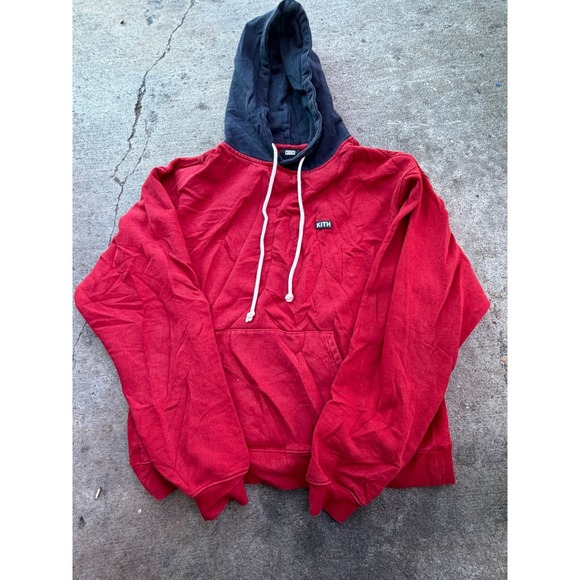 Kith Other - Kith Mens Red Navy Blue Colorblock Box Logo Hoodie Sweatshirt KH2398 Size L